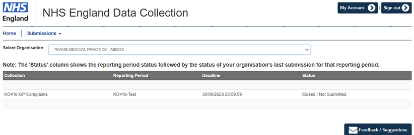 image of NHS England data collection submission screen.