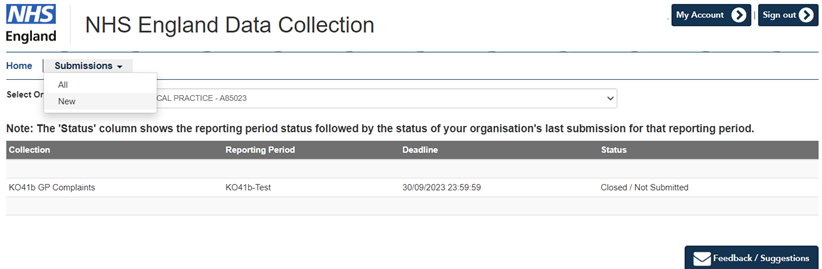 screen shot of NHS England collection submission screen with new submission highlighted.