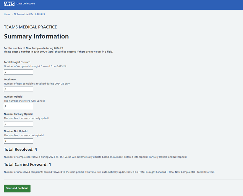Screenshot of Strategic Data Collection System showing an example of example of a practice that has 5 new complaints in the year, 2 are upheld and 2 are not upheld. The Total Resolved and Total Carried Forward values have been automatically calculated based on the values entered.