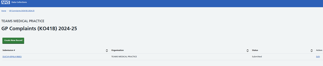 Screenshot of SDCS system showing GP Complaints (KO41B) 2024-25 screen.