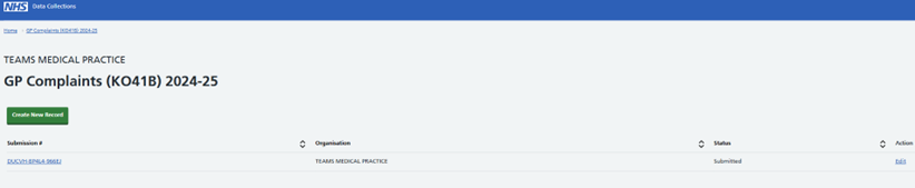 Screenshot of SDCS system showing GP Complaints (KO41B) 2024-25 screen.