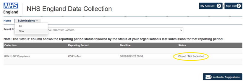 Screenshot of SDCS system showing the Status field remains as 'Closed/Not Submitted'.