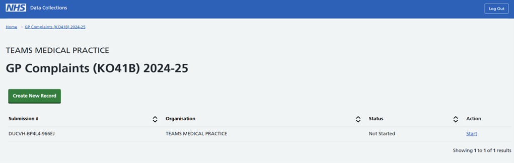 Screenshot of SDCS system showing the GP Complaints (KO41B) 2024-25 screen.
