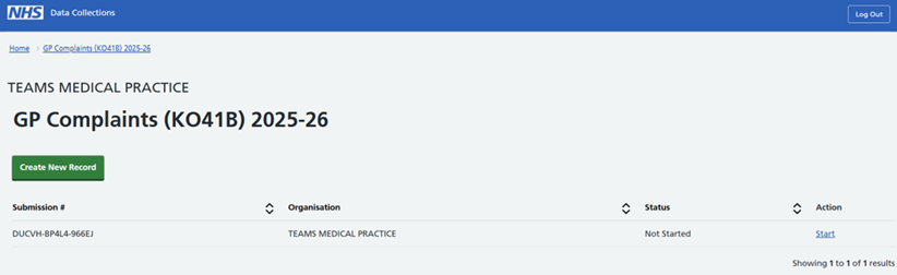 Screenshot of SDCS system showing the GP Complaints (KO41B) 2025-26 screen.