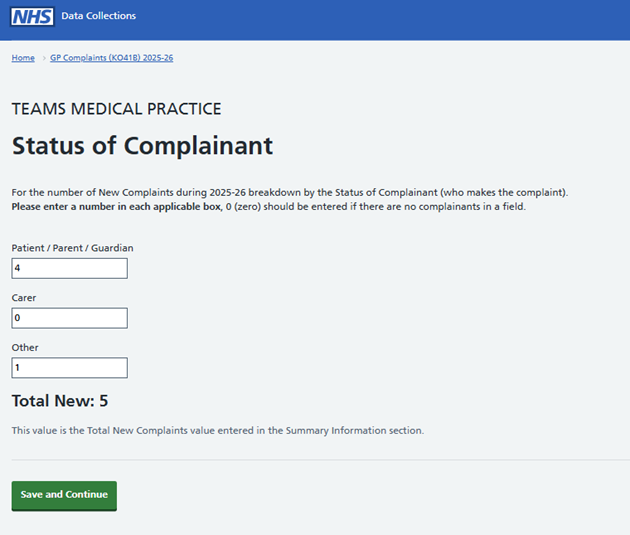 Screenshot of SDCS system showing Status of Complainant screen.