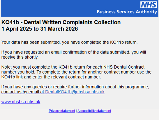 Dental complaints confirmation message