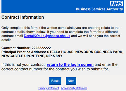 contract information screen