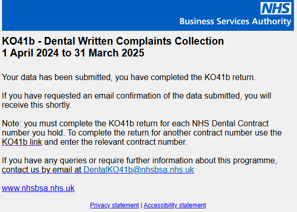 Dental complaints confirmation message