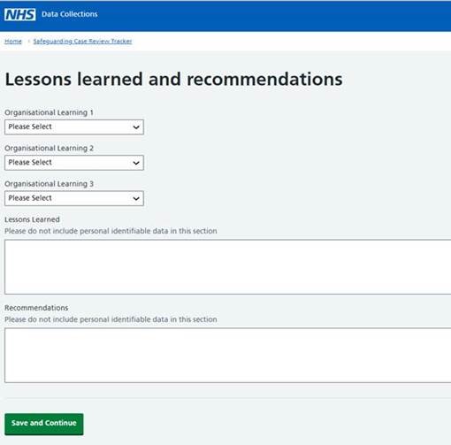 Lessons learned and recommendations screen.