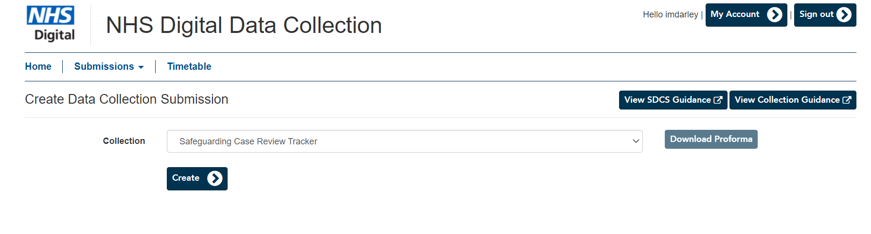 screen shot of the SDCS create data collection submission web page