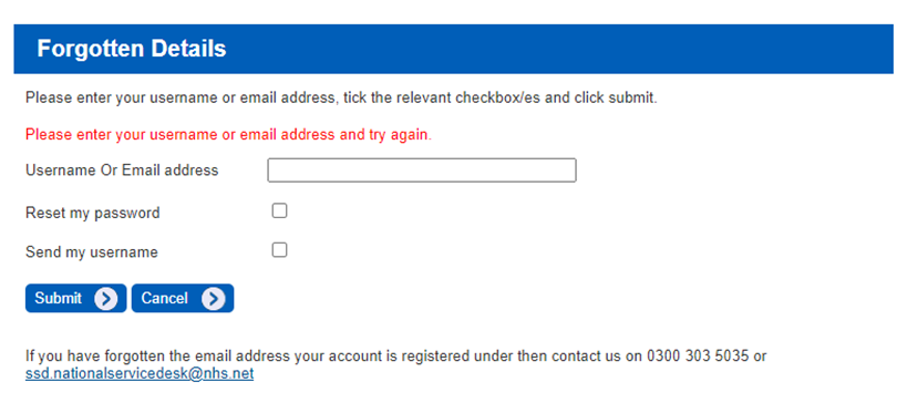 image of SDCS showing SDCS forgotten password reset screen