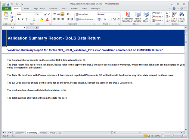 Validation summary report DOLS data return