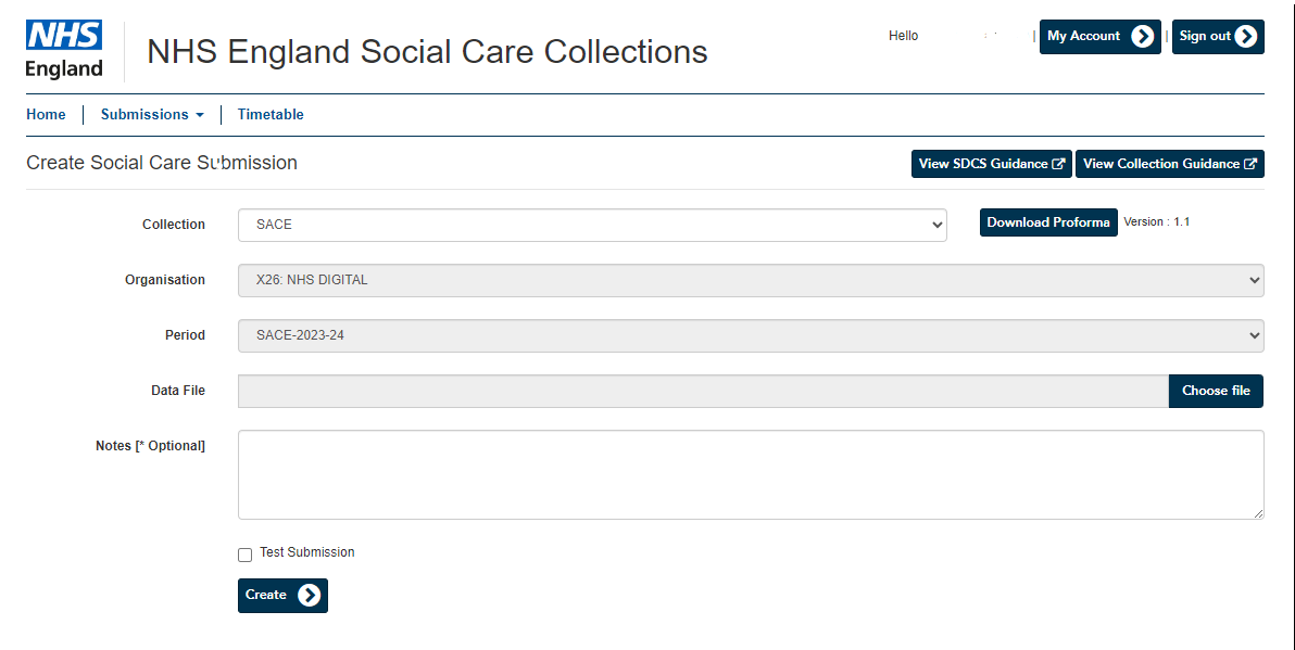 NHS England social care collection submission portal page