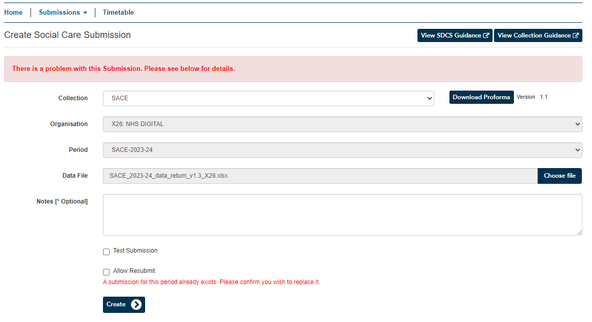 create social care submission screen a submission for this date already exists do you wish to resubmit it note