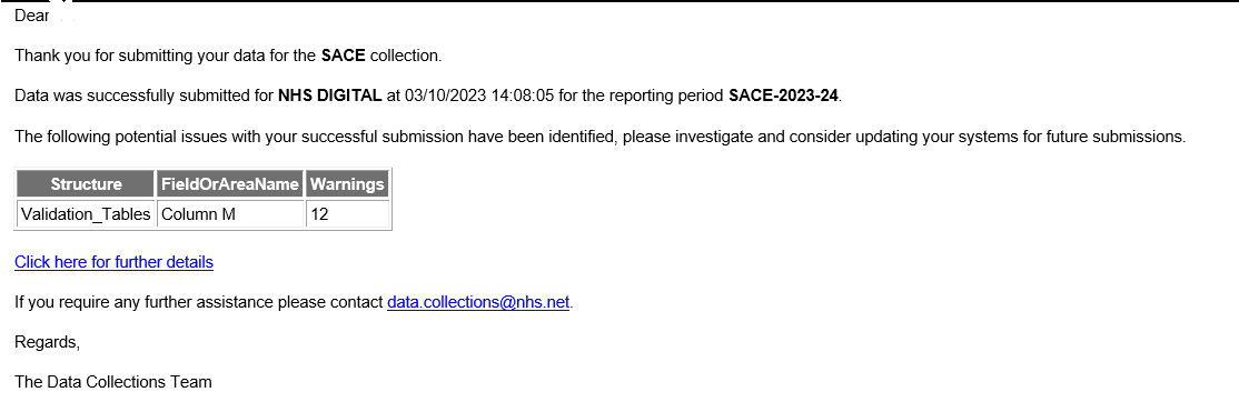 Thank you for submitting your SACE collection email. The following potential issues with your successful submission has been identified with example issue displayed.