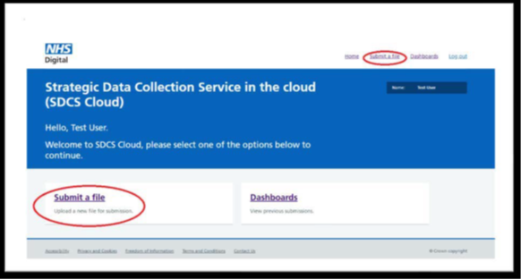 Image of SDCS in the cloud screen submit a file appears towards the bottom of the page.