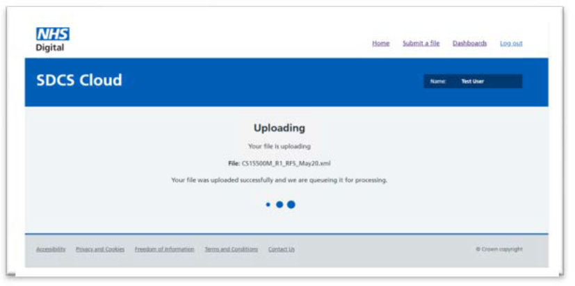 SDCS cloud screen with the words uploading your file is uploading displayed on the SDCS guidance screen.