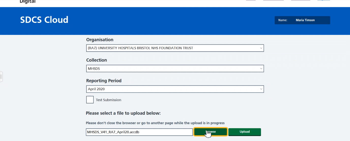 Screenshot of SDCS Cloud with two dropdown menus; Collection is set to MHSDS and Reporting Period is set to April 2020