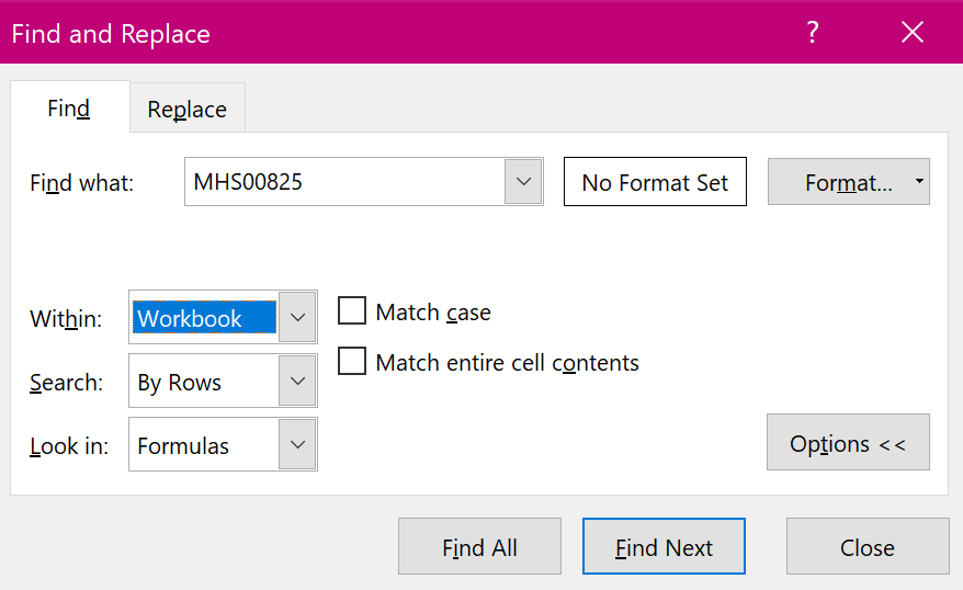 Screenshot of Find and Replace window, with Within: Workbook selected, searching on the code MHS00825