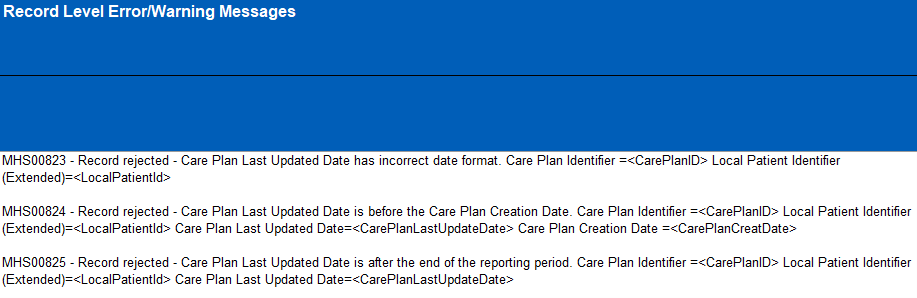 Screenshot of the ‘Record Level Error/Warning Messages’ column for the error codes MHS00823, MHS00824 and MHS00825