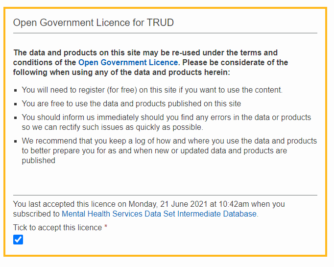 Screenshot of the Open Government Licence for TRUD that you are presented with when you click Subscribe