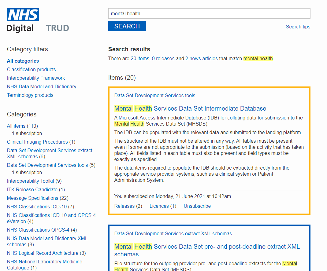 Screenshot of the results of a search for ‘mental health’ on the TRUD website