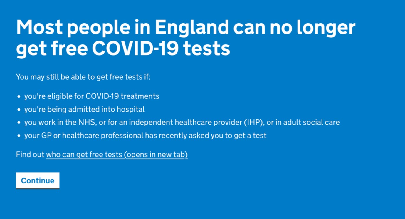 Website alert box displaying covid testing eligibility criteria as bullet points