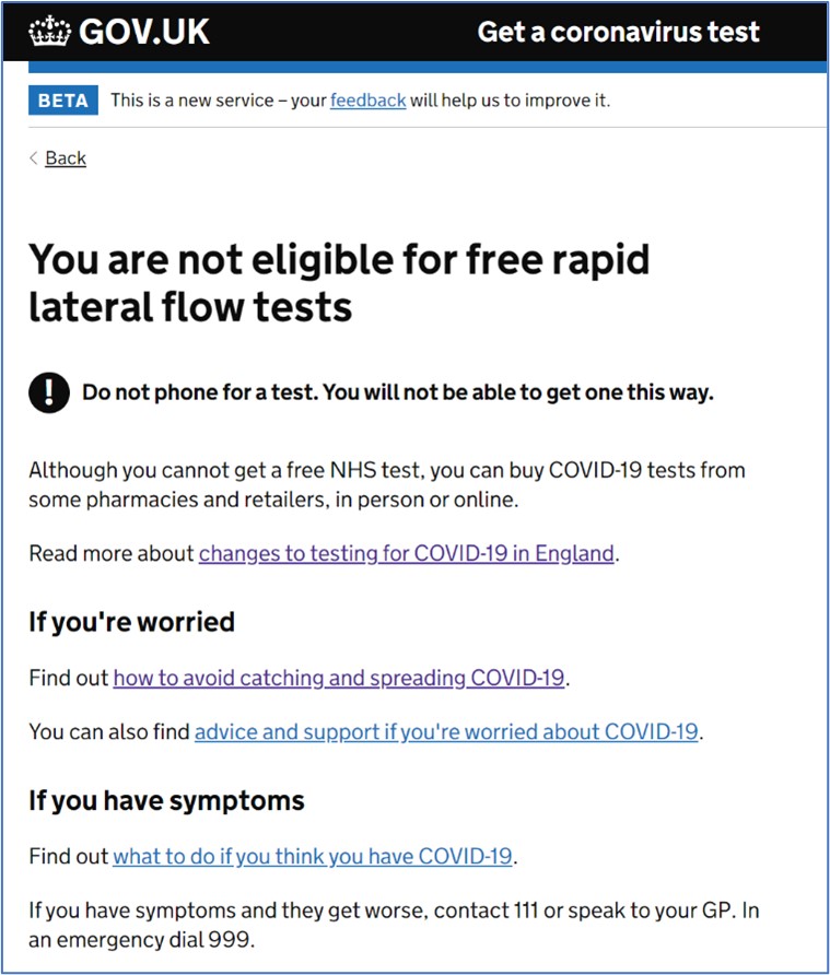 Website pop up box displaying that the user is not eligible to order a rapid flow test