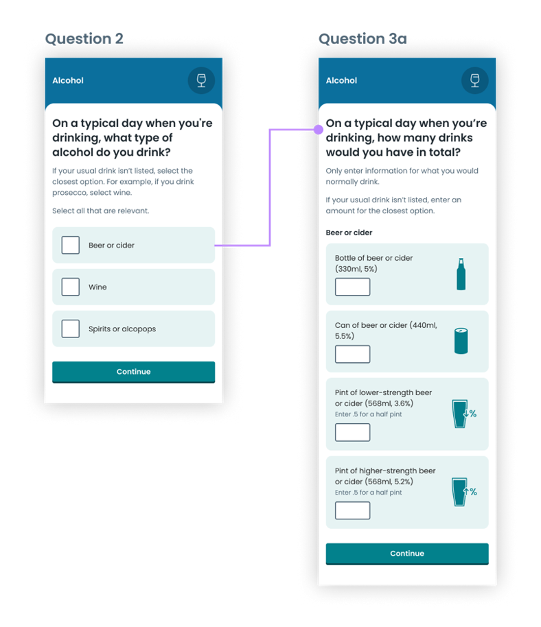 Screenshots showing how alcohol unit-based questions were replaced with questions about drinks consumed and included visual icons.