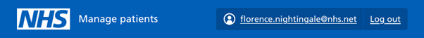 Screenshot of header component with 'log out' button at the top-right of the page and example email address.