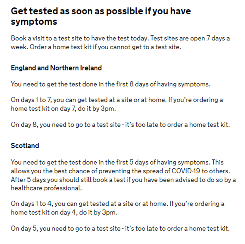 Screenshot of testing website giving different advice for England and Scotland on isolation
