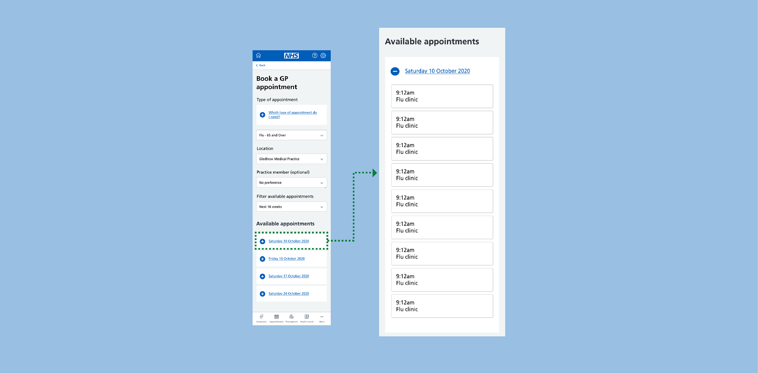 Screen capture showing the NHS App ‘Book a GP appointment’ screen. It demonstrates the dates and times of appointments available to book.