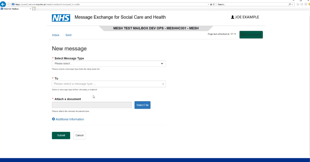 Screen shot of creating a new message in MESH UI.