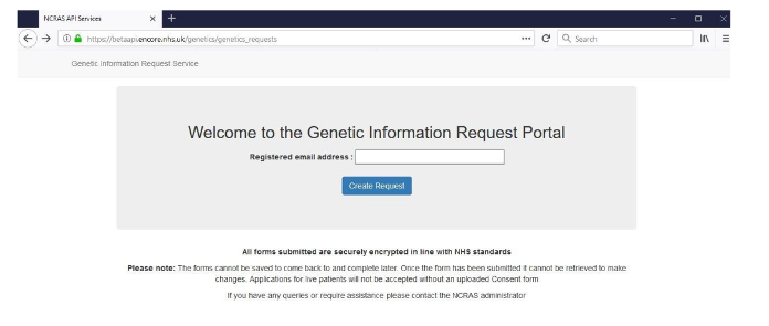 Example of genetic information request portal welcome page