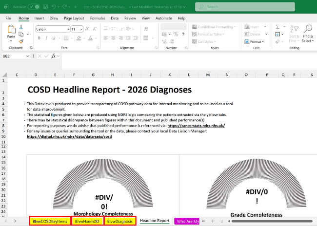 Screenshot of COSD headline report for 2026 diagnoses tab from SCR COSD excel spreadsheet