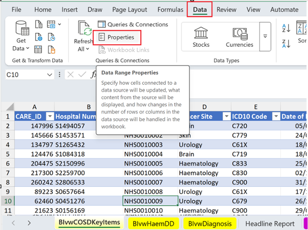 Screenshot showing data range properties from COSD key items on tab from SCR COSD excel spreadsheet