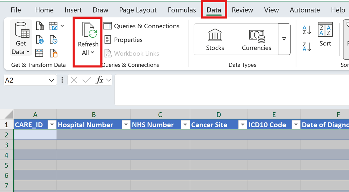 Screenshot showing how to refresh data from SCR COSD excel spreadsheet