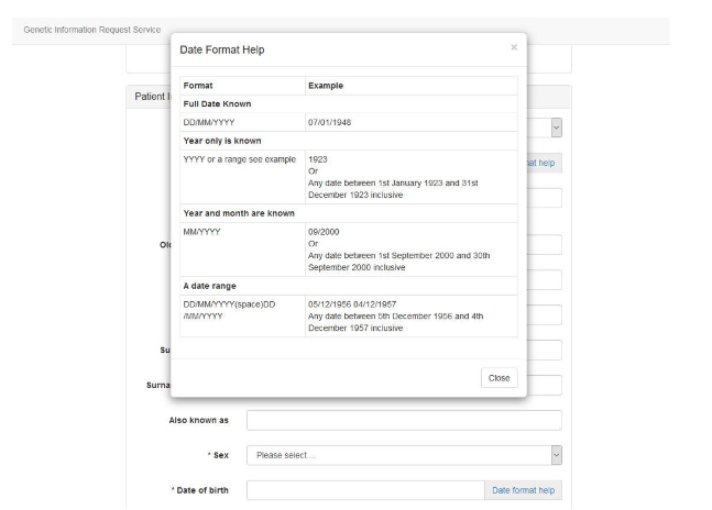 Example of date format help screen