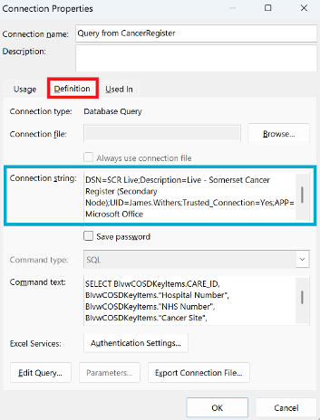 Screenshot of definition tab from SCR COSD excel spreadsheet