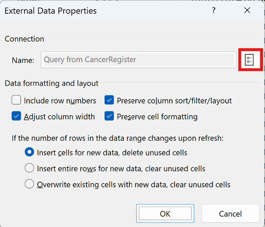 Screenshot of external data properties from SCR COSD excel spreadsheet