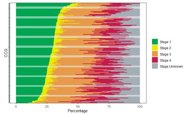 Example of stage at diagnosis of ovary, fallopian tube and primary peritoneal carcinomas  by CCG, 2015 to 2017 (Source: CAS AV1906)