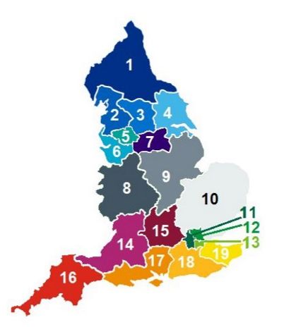 Example map of cancer alliance in England by NHS England in 2018.