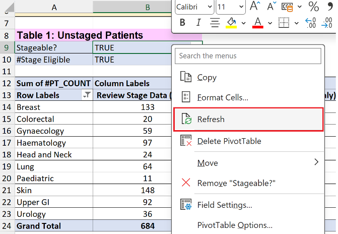 Screenshot showing how to refresh data from pivot table from SCR COSD excel spreadsheet