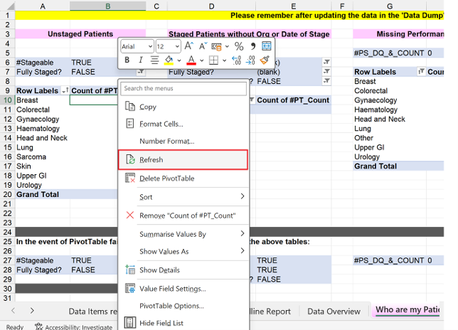 Screenshot showing a refresh of a pivot table  tab from Other Systems COSD excel spreadsheet