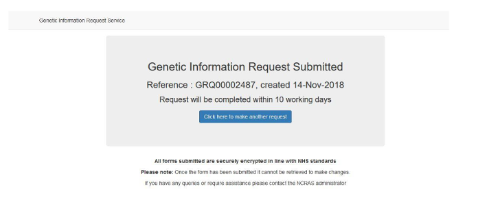 Example of genetic information request submitted confirmation screen and example reference ID