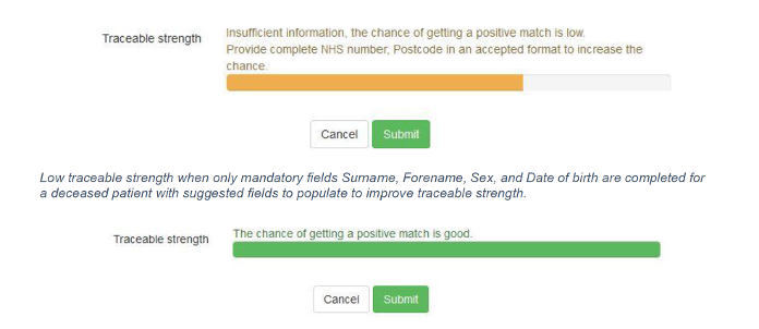 Example showing traceable strength using NHS number in addition to surname, forename, sex and date of birth
