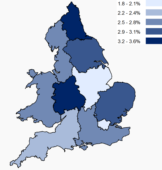 Appendix 5.10: Percentage of people having major amputation within 6 months of FEA: Severe ulcers, by region, England and Wales, 2014-21