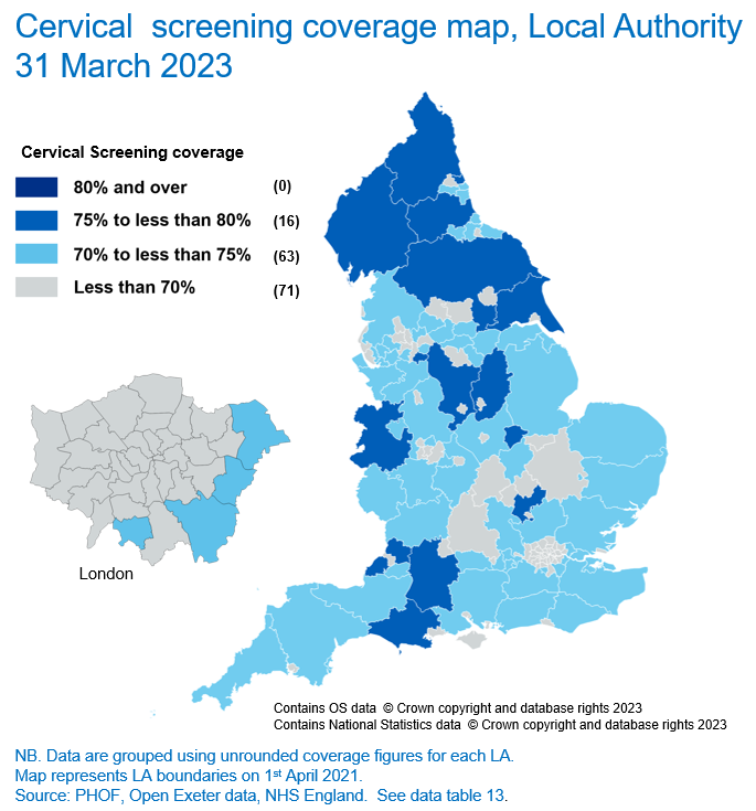 Map of Local Authority cervical screening coverage, 31 March 2023