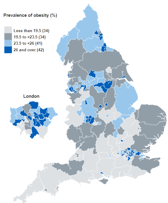 Map showing the prevalence of children living with obesity by upper tier local authority for children in year 6