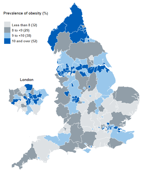 Map showing the prevalence of children living with obesity by upper tier local authority for children in reception